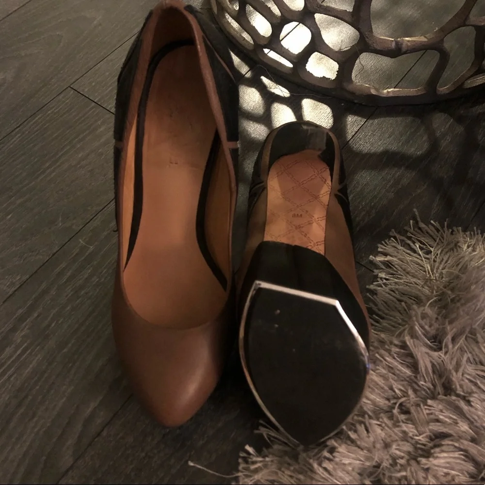 L.A.M.B. Brown and Black Leather Platform Pumps